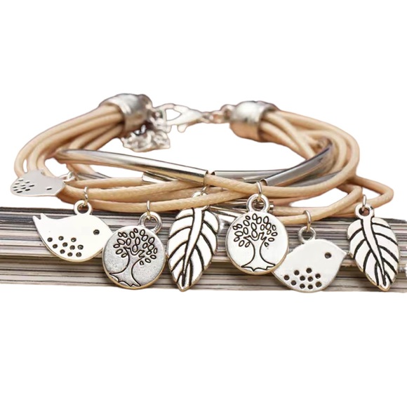 Boho Style Layered Faux Leather Bracelet with Bird and Tree Charms - Picture 7 of 8